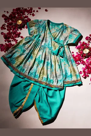 Stylo Bug Girls Floral Printed Angrakha A Line Kurti with Dhoti Pants