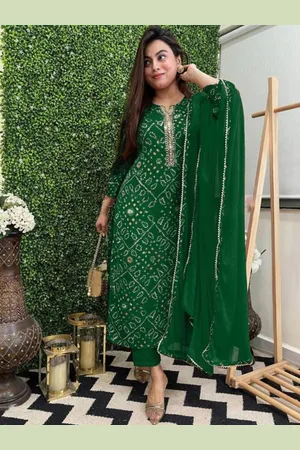 Kalini Bandhani Printed Notch Neck Straight Kurta with Trousers & Dupatta