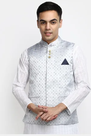 V-Mart Woven Design Mandarin Collar Sleeveless Nehru Jacket With Pocket Square