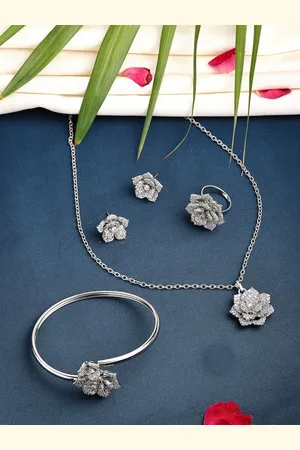 Zeneme Rhodium-Plated Rose AD CZ Pendant with Earrings Bracelet & Ring Jewellery Set