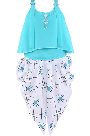Wish Karo Girls Blue & White Printed Cotton Blend Top with Dhoti Pants Clothing Set