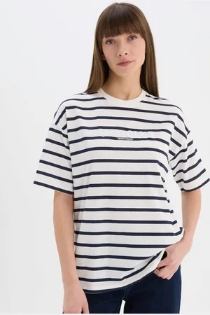 DeFacto Women Striped Drop-Shoulder Sleeves Monochrome T-shirt