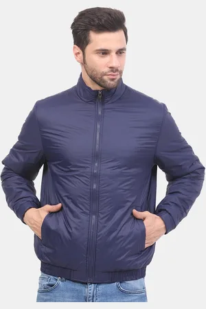 Mast & Harbour Navy Blue Mock Collar Long Sleeves Nylon Bomber Jacket