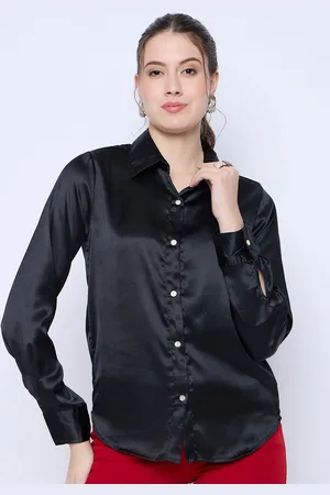 Color Cocktail Women Spread Collar Solid Satin Casual Shirt