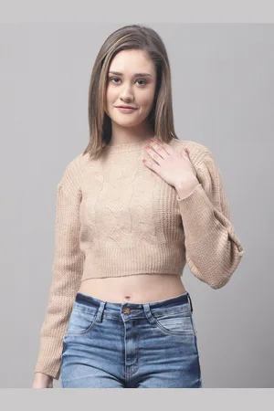 NoBarr Women Round Neck Cable Knit Acrylic Crop Pullover