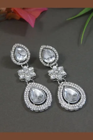 I Jewels Silver-Plated Artificial Stones Studded Teardrop Shaped Drop Earrings