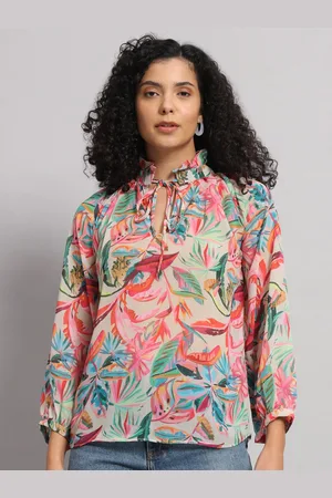 Mast & Harbour Tropical Printed Tie-Up Neck Cuffed Sleeves Top