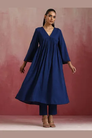 trueBrowns V-Neck Bell Sleeves Pure Cotton Empire Anarkali Kurta With Trousers