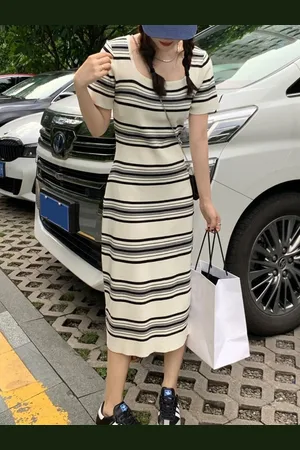 HERE&NOW Women Striped Sheath Midi Dress