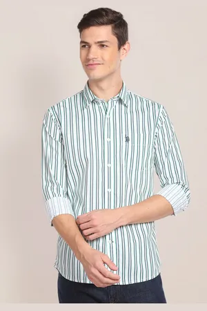 U.S. Polo Assn. Men White & Navy Blue Tailored Fit Striped Cotton Casual Shirt