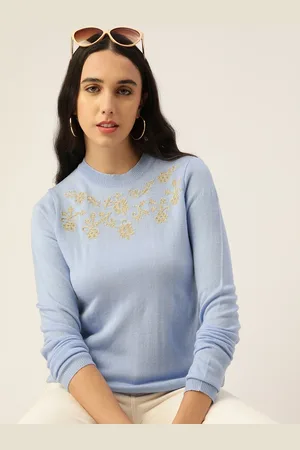 DressBerry Women Blue & Golden Floral Embroidered Pullover