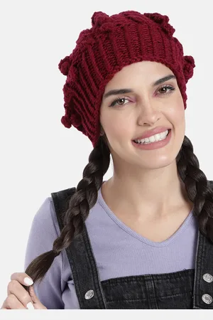 Magic Needles Women Maroon Bobble Handknitted Beanie