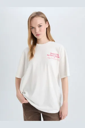 DeFacto Women Typography Printed Drop-Shoulder Sleeves Cut Outs T-shirt