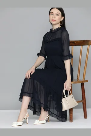Chemistry Bell Sleeves High Neck Chiffon Fit & Flare Midi Dress