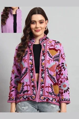 HANDICRAFT PALACE Women Floral Embroidered Cotton Ethnic Open Front Reversible Jacket