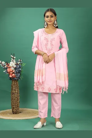 Ethnovog Self Design Floral Sequence Embellished Notch-Neck Kurta With Trousers & Dupatta