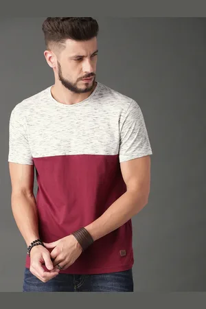 Roadster Men Burgundy Textured Colourblocked Round Neck T-shirt
