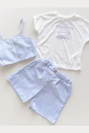 LULU & SKY Girls Striped Shoulder Straps Neck Top With Shorts & T-Shirt