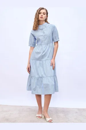 Styli Striped Puff Sleeve Shirt Midi Dress