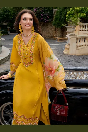 Indo Era Floral Embroidered Thread Work Kurta With Trousers & Dupatta