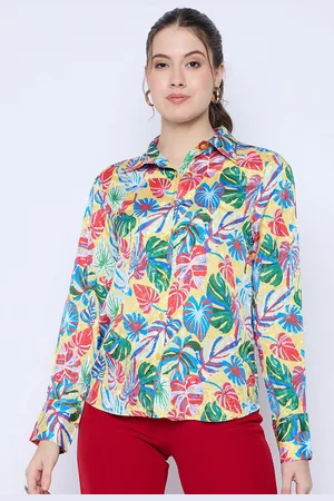 Color Cocktail Women Spread Collar Floral Printed Satin Casual Shirt