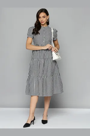 Chemistry Black & White Checked Tiered A-Line Midi Dress