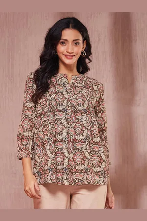 Fabindia Women Floral Printed Roll-Up Sleeves Cotton Top