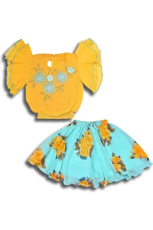 Wish Karo Girls Embellished Flutter Sleeves Gathered Smocked Top with Skirt
