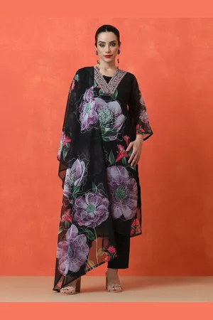 Jaipur Floral Printed Thread Work V-Neck Straight Kurta with Trousers And Dupatta