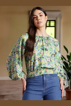 all about you Floral Print Cinched Waist Raglan Puffed Sleeves Top