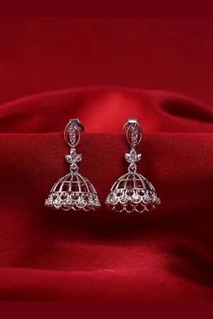CLARA 925 Sterling Silver Rhodium-Plated Dome Shaped Cubic Zirconia Jhumkas