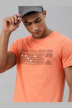 WROGN Men Peach-Coloured Slim Fit Printed Round Neck Pure Cotton T-shirt