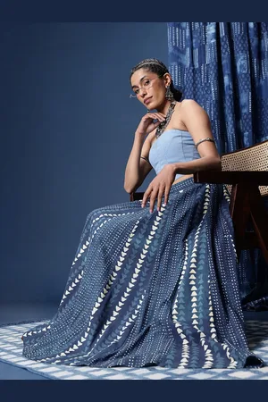 Taavi Indigo Printed Pure Cotton Maxi Flared Skirt