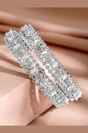 Rubans Rhodium-Plated Silver-Tone Cubic Zirconia Studded Premium Bangles