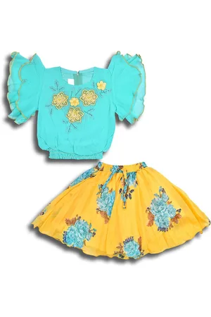 Wish Karo Girls Embellished Flutter Sleeves Gathered Smocked Top with Skirt