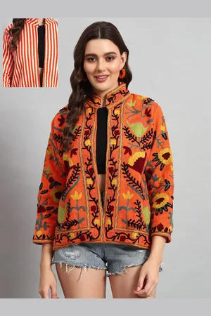 HANDICRAFT PALACE Women Floral Embroidered Cotton Ethnic Open Front Reversible Jacket