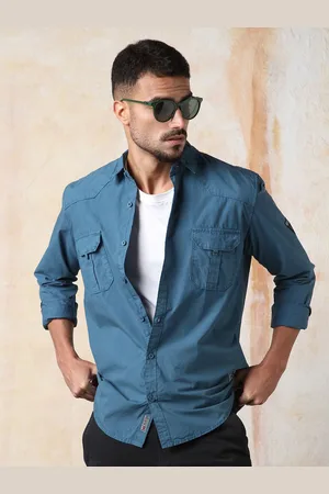 High Star Men Regular Fit Utility Heavy Washed Spread Collar Solid Cotton Casual Shirt