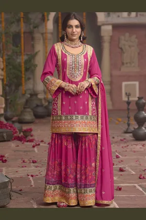 AUTUMN LANE Floral Embroidered Sequinned Pure Cotton Straight Kurta with Sharara & Dupatta