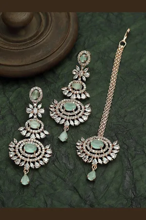 Zeneme Women Rose Gold-Plated Green AD Studded Contemporary Earring With Maang Tikka