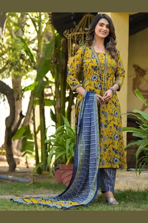 APNISHA Floral Printed V-Neck A-Line Kurta With Trousers And Dupatta