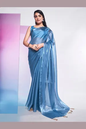 Kalista Blue Organza Saree With Blouse Piece