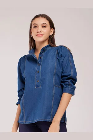 FableStreet Women Mandarin Collar Cotton Denim Top