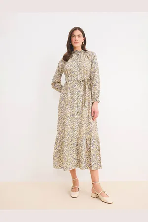 DeFacto Floral Print Puff Sleeve Fit & Flare Midi Dress