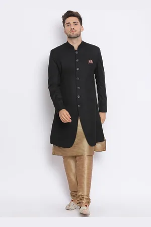 Hangup Men Black & Gold-Color Solid Sherwani Set