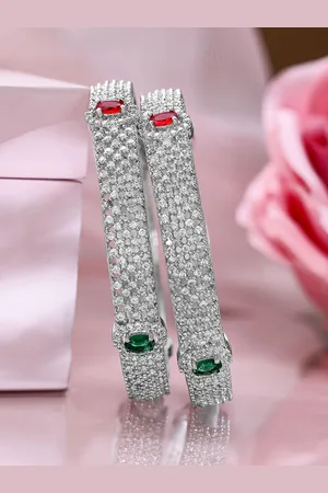 Rubans Set of 2 Rhodium-Plated Ruby Emerald and Cubic Zirconia Studded Premium Bangles