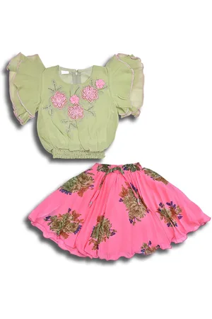 Wish Karo Girls Embellished Flutter Sleeves Gathered Smocked Top with Skirt