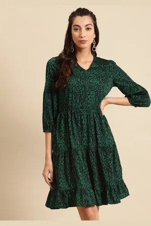 DODO & MOA Women Green & Black Printed Tiered A-Line Dress