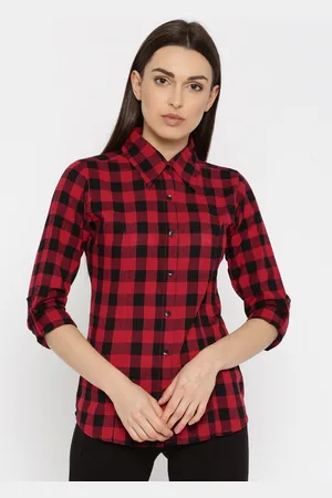 Cation Women Red & Black Regular Fit Checked Casual Shirt