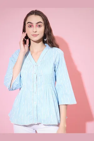 DressBerry Blue Striped V-Neck A-Line Cotton Top