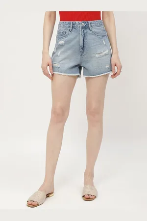 MADAME Women Washed High-Rise Distressed Cotton Denim Shorts